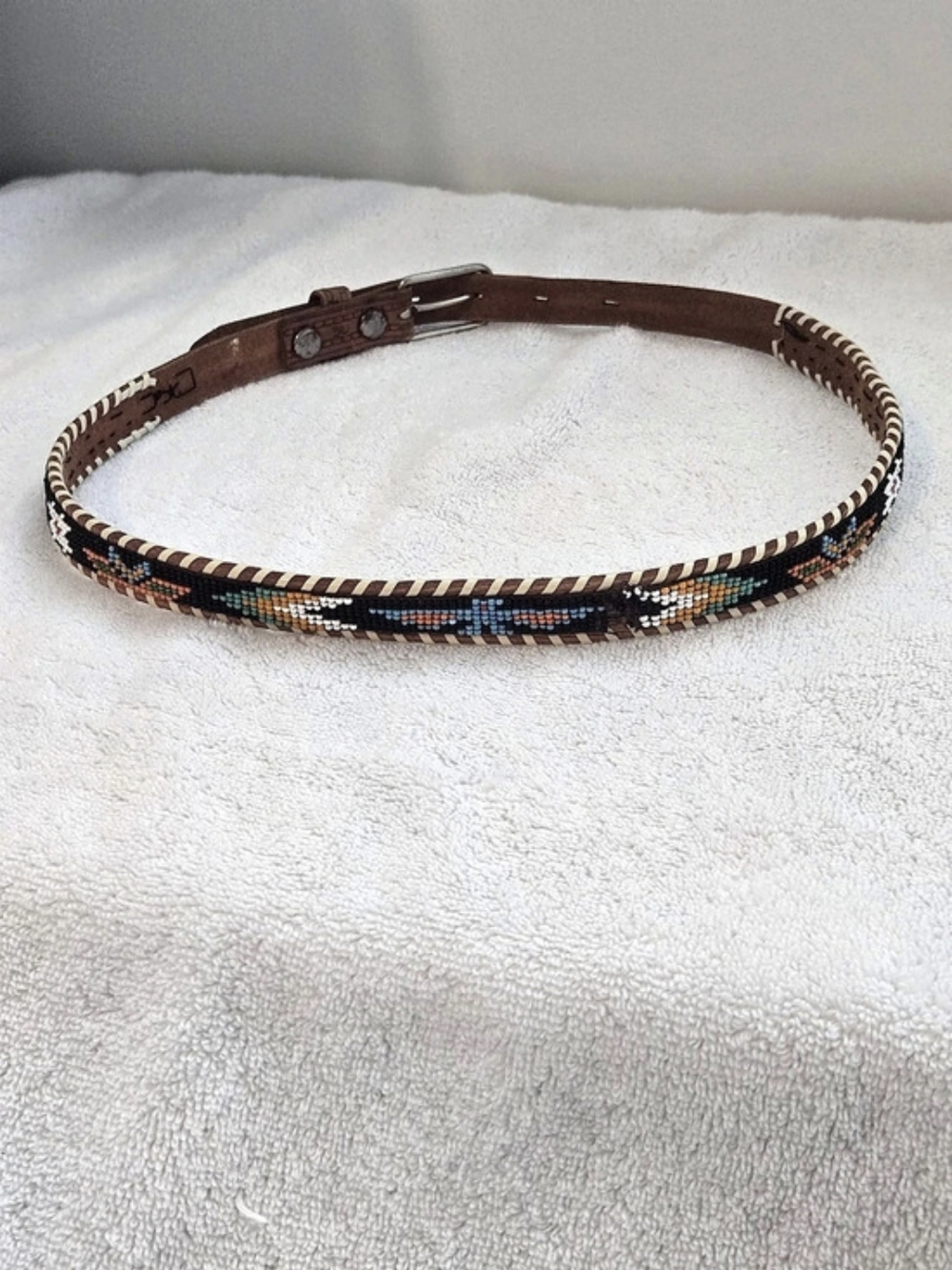 Handmade Beaded Leather Belt in Brown & Black